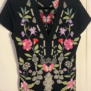 Johnny Was Black Top with Floral Embroidery size small